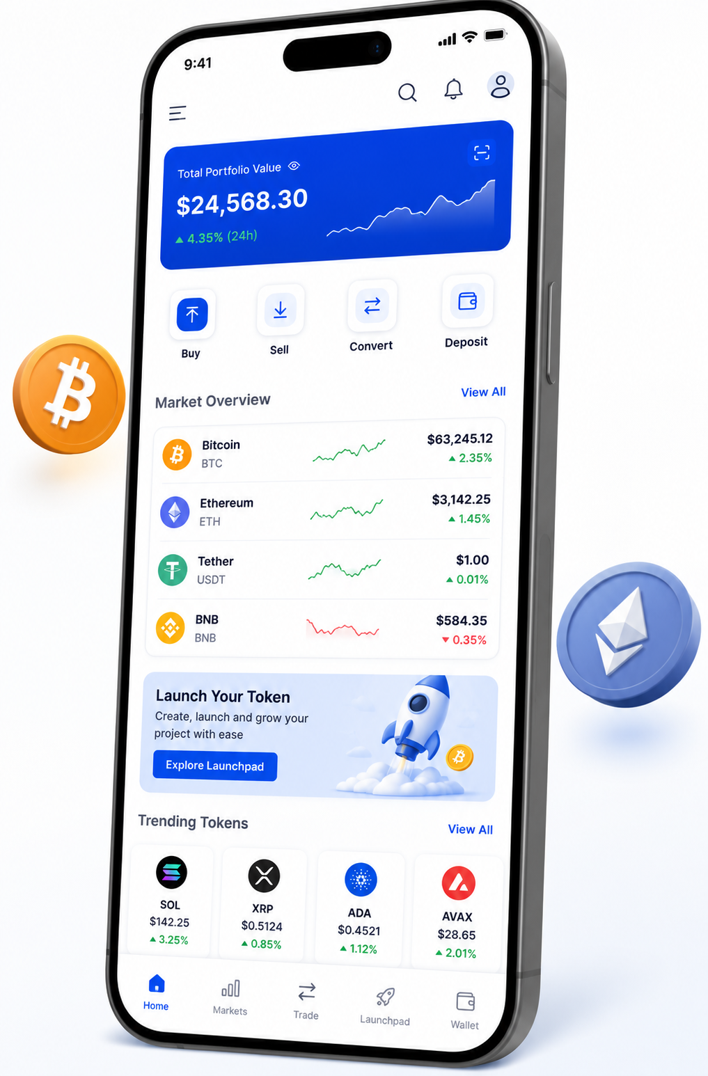 MyCrypto Exchange app — portfolio value, buy/sell/convert, live market overview